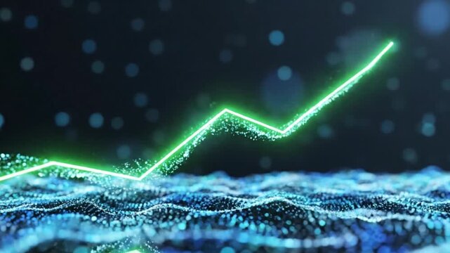 Green glowing financial graph line showing upward trend over abstract digital data waves and bokeh lights
