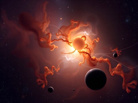 Fiery Nebula and Orbiting Worlds: A Cosmic Dance