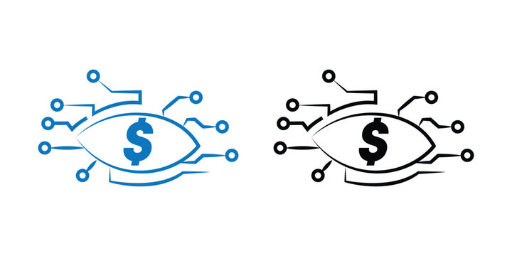 Dollar eye vision technology logo showing financial surveillance and digital money tracking concepts in blue and black vector line art for business security monitoring and cyber finance apps.