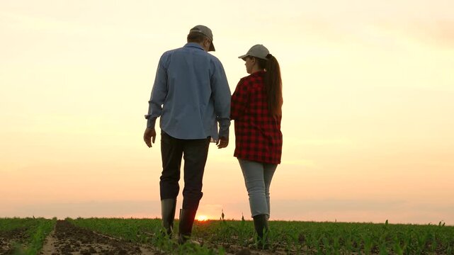 two farmers work field sunset, work tablet agriculture, hand sun farming farm employee, business partners deal, machinery road, insurance wealth digital horizon slow pc cereal view garden labor sky