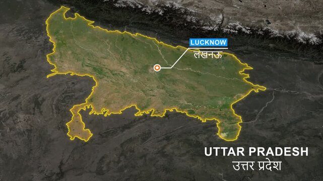 Uttar Pradesh state map highlight animation, Pointing the capital Lucknow in a star marker and label text, Location Visualization, outline glowing, geographic and political map