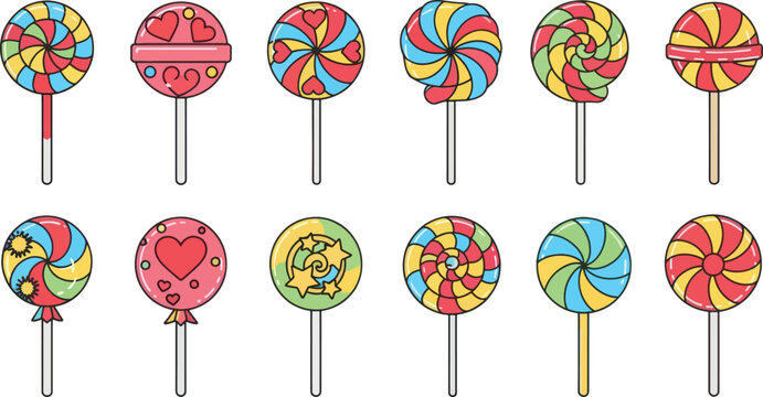A collection of colorful lollipops are arranged in a row.
