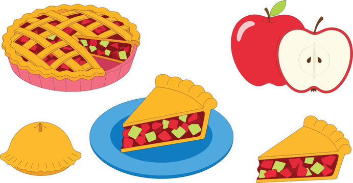 A cartoon illustration depicts a whole apple, a sliced apple pie, a pie slice, and a lemon pie.