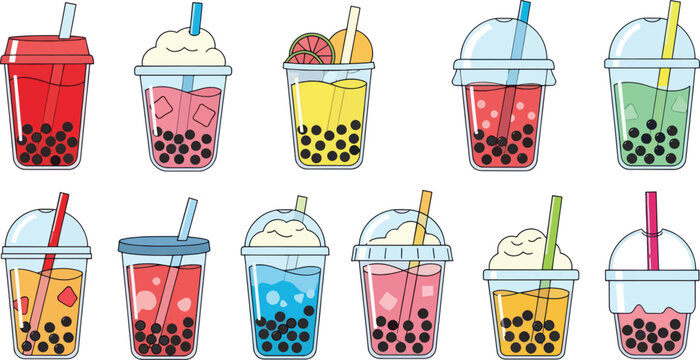 A collection of colorful bubble tea drinks is displayed.