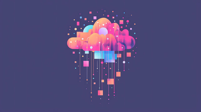 Flat vector neon digital cloud data rain featuring dark background space for SaaS cloud computing technology enterprise landing page