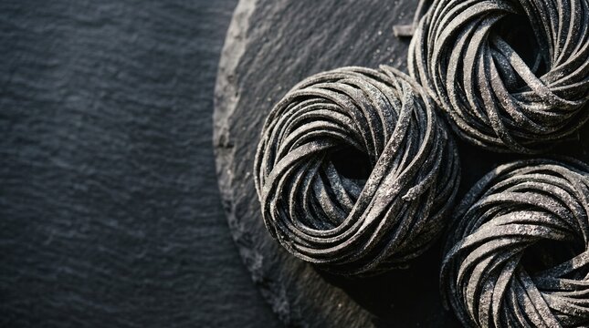 Top down macro view of raw black squid ink pasta nests dusted with semolina flour drying on a dark slate surface