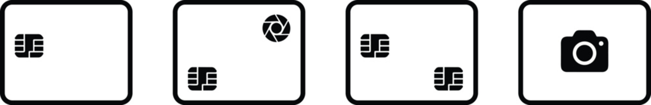 Minimalist Credit Card Chip and Camera Icon Set for Digital Payment Banking Finance Electronic Commerce and Website Interface Design Layouts