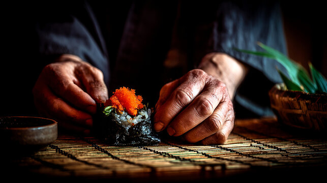 Gourmet sushi handcrafted with orange roe plated on rustic wooden surface, japanese