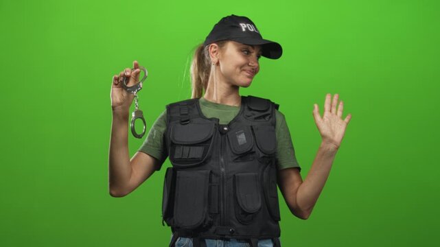 Woman police officer holds handcuffs in right hand with left palm raised in studio; confident stance.