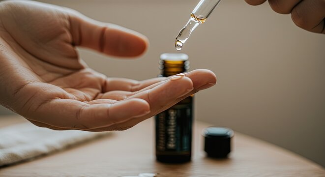 A person is carefully dropping oil from a dropper onto their palm next to a bottle on a table.
