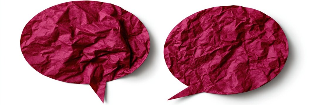 Pair of crumpled magenta paper speech bubbles on white for conversation background and social media dialogue graphic design