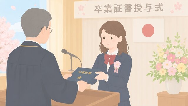 日本の学校の卒業式で先生から卒業証書を受け取る女子学生