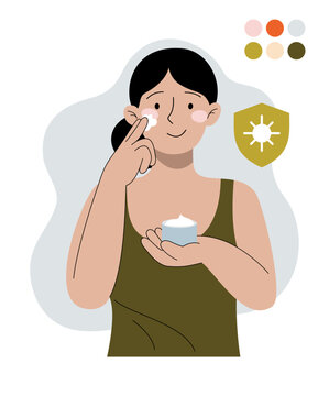 Woman applying face cream with shield protection icon skincare care