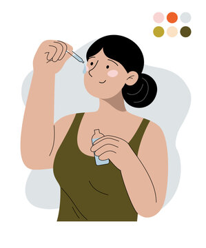 Young woman using eye drops for eye health and care