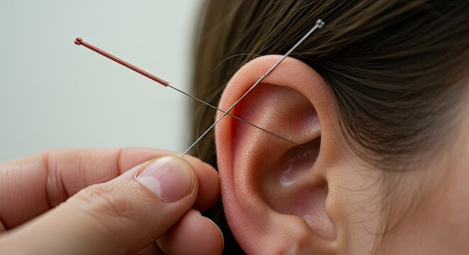 A person receiving acupuncture treatment on their ear with a needle