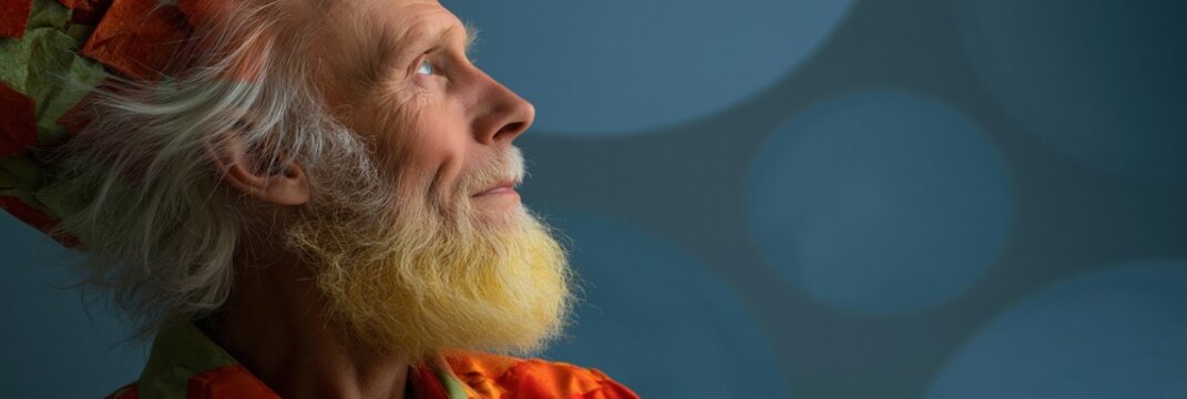 Elderly man portrait with yellow beard and colorful hat for editorial background and banner design featuring dramatic side profile and textured studio lighting