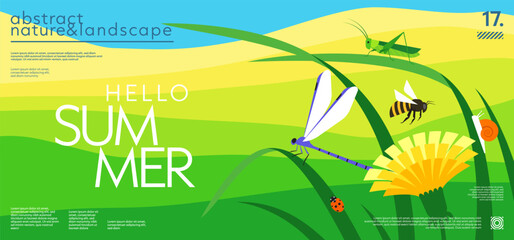 Abstract landscape summer horizontal background with fields or hills, grasshopper, bee, dragonfly, ladybug, snail, dandelion, grass. Simple nature geometric design for cover, banner, poster, flyer © Anastasiya Stoma