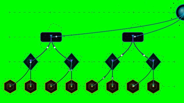 A decision tree diagram illustrates a flowchart with various nodes and connections on a green background