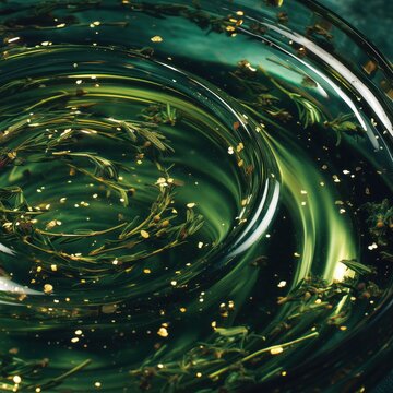 Swirling deep green liquid with botanical elements and golden particles