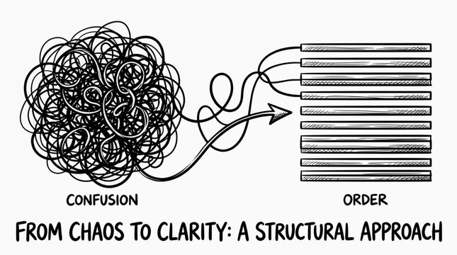A chaotic scribble transforms into organized lines with a pen, symbolizing clarity and structure.