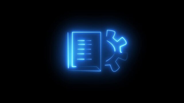 neon glow Document settings with gears icon isolated on black background. Software update, transfer protocol, teamwork tool management 4k animation.