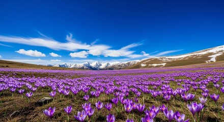 Fototapeta premium High altitude plateau carpeted in purple crocus blossoms stretching to snowy mountains under deep blue sky
