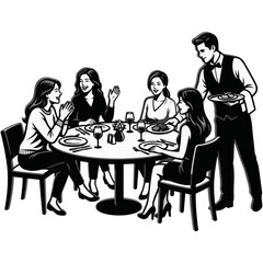 Fototapeta premium Happy Family Dining Together at Table Black and White Silhouette Illustration