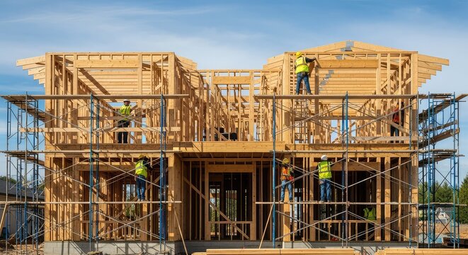 A modern residential building site showing a two-story house under construction with wooden framing, scaffolding, and blue sky background, exterior, truss, estate