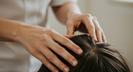 Naklejka premium A skilled therapist gently massages a woman's scalp indoors.