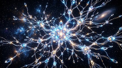 Fototapeta premium Glowing neural network connections in space with stars and galaxies abstract science concept