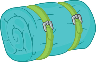 Rolled up sleeping bag or mat with buckle straps, teal color, perfect for camping and outdoor activities