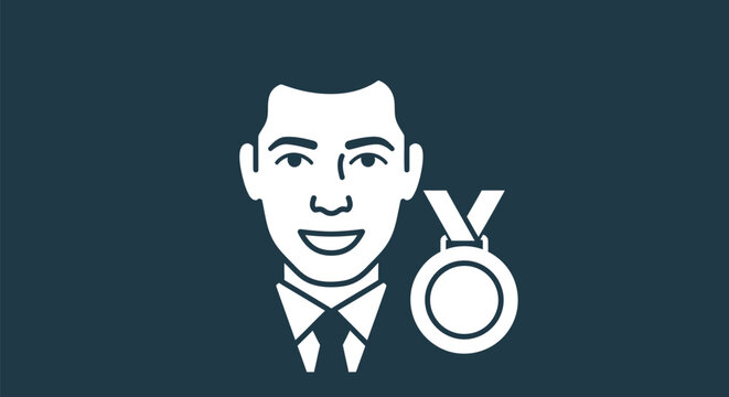 Businessman icon, award medal, vector illustration, flat design, white silhouette
