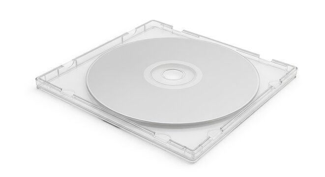 A pristine transparent plastic jewel case holding a reflective compact disc with a minimalist silver finish, isolated on a white background, laser, disc, multimedia