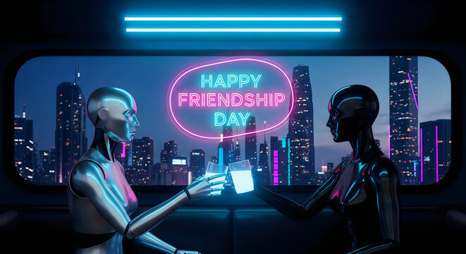 Two futuristic robots toasting with glowing drinks in a neon-lit city at night, celebrating friendship