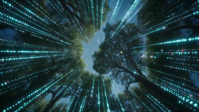 Abstract digital data matrix lines flowing through forest canopy