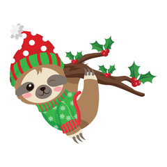 Fototapeta premium Cute Christmas Sloth Wearing a Festive Hat and Sweater Hanging on a Branch with Holly Berries