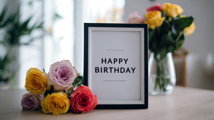 Obraz premium happy birthday greetings in a photo frame with colorful roses