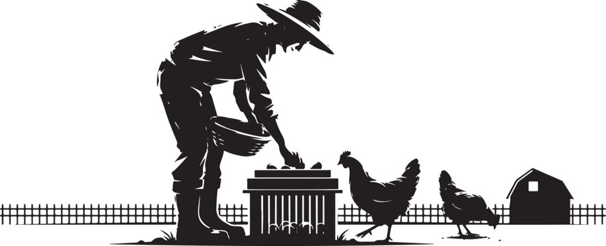 Man feeding chickens from trash can on farm farmer