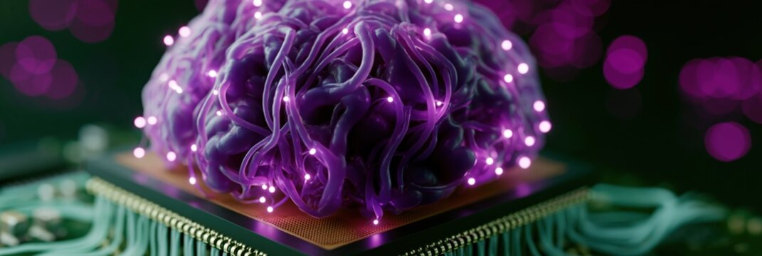 Organic neural network concept with purple fiber tendrils on a microchip for technology background and futuristic banner design