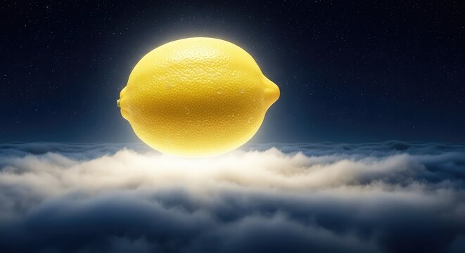 A surreal giant lemon hangs in the starry night sky like a glowing moon, illuminating a thick layer of soft white clouds from above, scenery, moon, magical