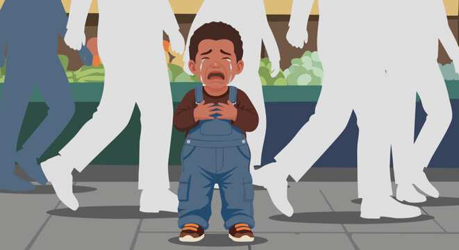 Sad crying child feeling lost and alone amidst a crowd of anonymous people