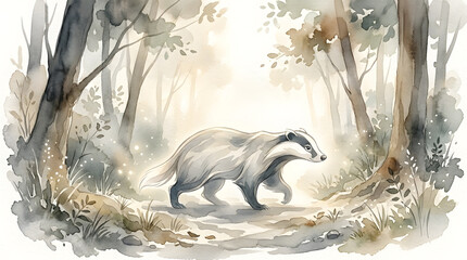 Obraz premium Badger walking through a misty forest watercolor illustration, ethereal woodland animal art for nature design and children's storytelling