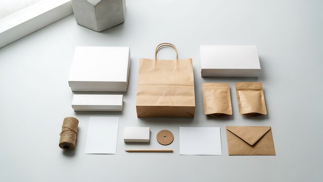 Brown paper bag and various white cardboard packaging materials on gray surface