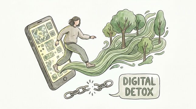 Person escaping smartphone screen into nature symbolizing digital detox and breaking free from technology addiction