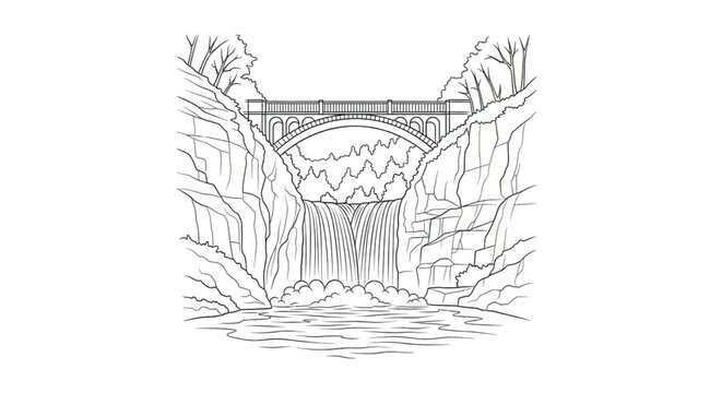 Old Bridge Over Waterfall Landscape.