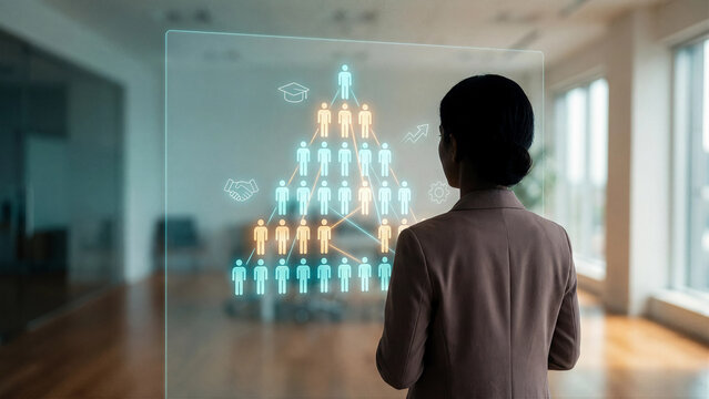 Businesswoman viewing holographic organizational hierarchy chart with people network showing company team structure leadership recruitment and human resources management concept