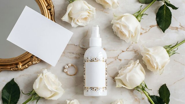 White spray bottle with gold accents and roses on marble surface with jewelry