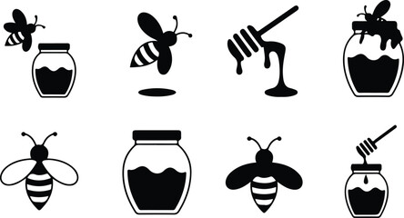 Organic honey packaging icon collection with black silhouette bee glass jar honey dipper and apiary vector illustrations © Animesh