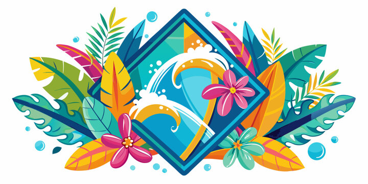 Vibrant summer surfing theme with tropical foliage, vector