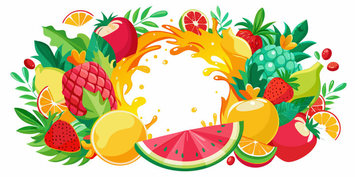 Colorful tropical fruit frame with juice splashes, vector